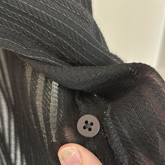 Eileen Fisher Women sheer black stripped single button cardigan wool blend top M - Picture 7 of 9